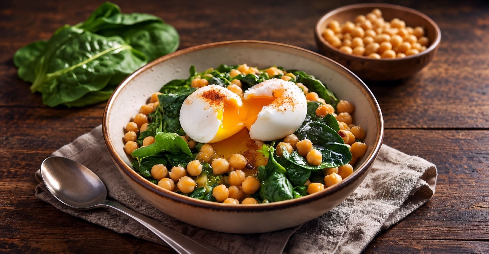 Dieta Mediterrânica ovos escalfados com grão e espinafres para levar à mesa Ovimafra